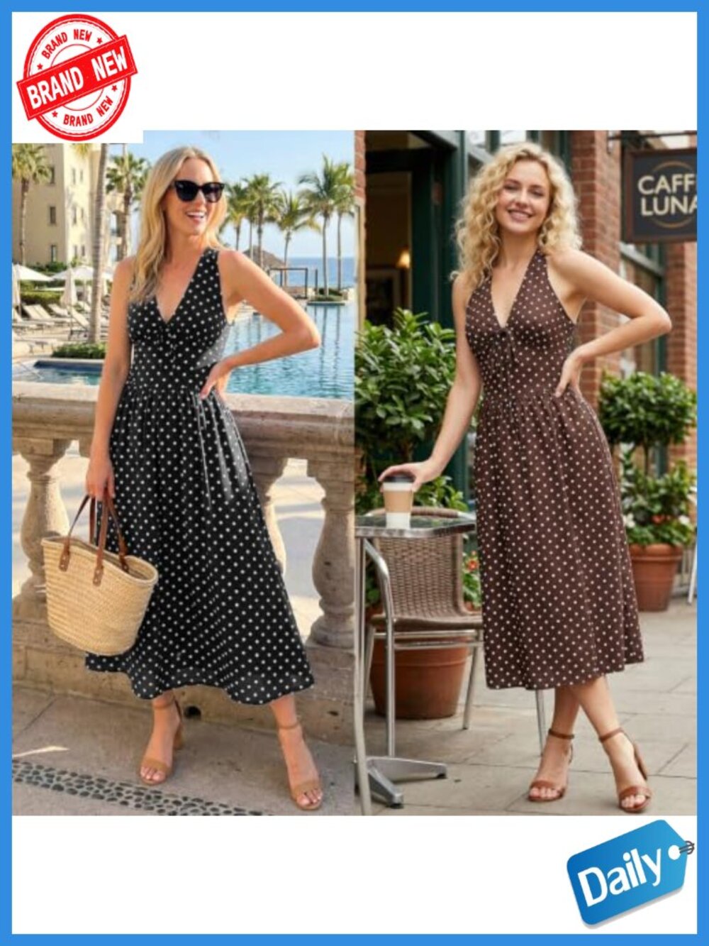 Polka Dot Halter V-Neck Maxi Dress with Pockets Smocked Casual Long Summer - Picture 4 of 6